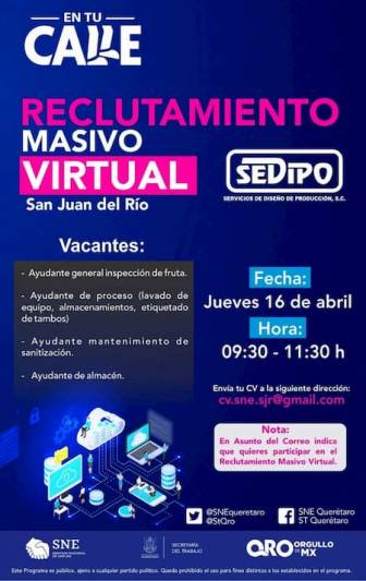 Reclutamiento virtual, contratación inmediata en San Juan del Río